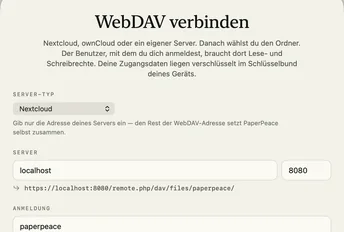 Der Dialog „WebDAV verbinden“ in PaperPeace mit Server-Typ, Serveradresse und Anmeldung