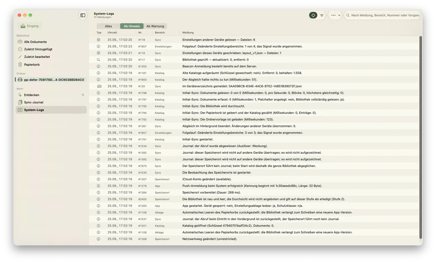 Die Ansicht „System-Logs“ auf dem Mac: eine Tabelle mit 31 Meldungen und den Spalten Typ, Uhrzeit, Nummer, Bereich und Meldung, darüber die Filter „Alles“, „Ab Hinweis“ und „Ab Warnung“ und ein Suchfeld. Die Meldungen stammen vom Start der App, etwa „Katalog geöffnet“ und „Initial-Sync gestartet“.