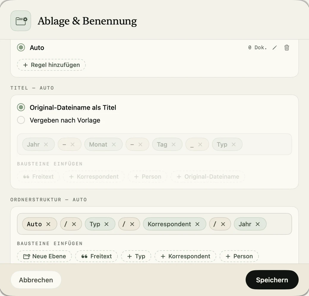 Der Editor „Ablage & Benennung“: die Regel „Auto“, darunter die Titel-Vorlage und die Ordnerstruktur als Reihe von Bausteinen mit Trennern, dazu die Leiste „Bausteine einfügen“ mit Neue Ebene, Freitext, Typ, Korrespondent und Person