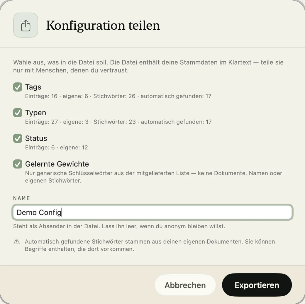 Der Dialog „Konfiguration teilen“ mit Häkchen bei Tags, Typen, Status und gelernten Gewichten, je mit der Zahl der Einträge und Stichwörter, dazu ein Namensfeld und der Hinweis, die Datei nur mit vertrauten Menschen zu teilen