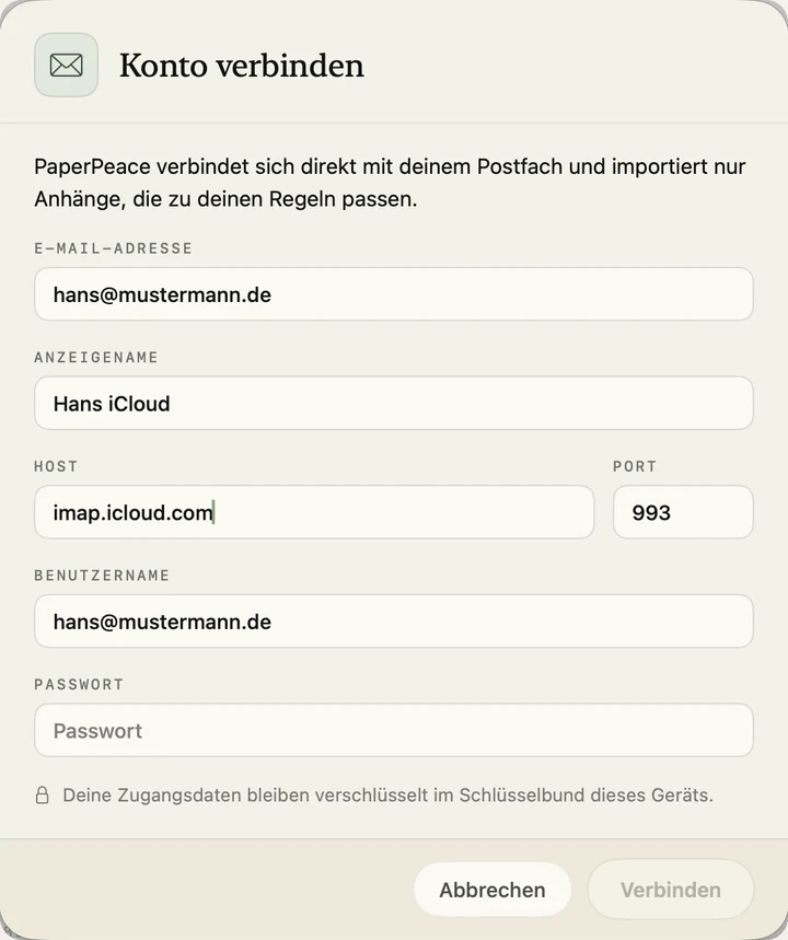Der Dialog „Konto verbinden“ mit der E-Mail-Adresse hans@mustermann.de, dem selbst eingetragenen Host imap.icloud.com auf Port 993, Benutzername und noch leerem Passwortfeld — darunter der Hinweis, dass die Zugangsdaten verschlüsselt im Schlüsselbund dieses Geräts bleiben