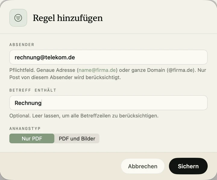 Der Dialog „Regel hinzufügen“ mit dem Absender rechnung@telekom.de, dem Betreff-Bestandteil „Rechnung“ und der Auswahl zwischen „Nur PDF“ und „PDF und Bilder“