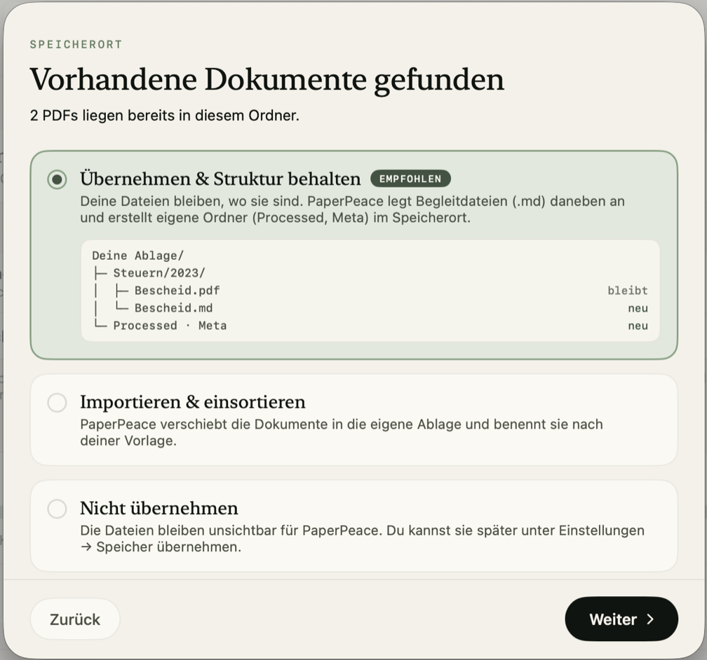 Die Rückfrage „Vorhandene Dokumente gefunden“: Übernehmen & Struktur behalten, Importieren & einsortieren oder Nicht übernehmen