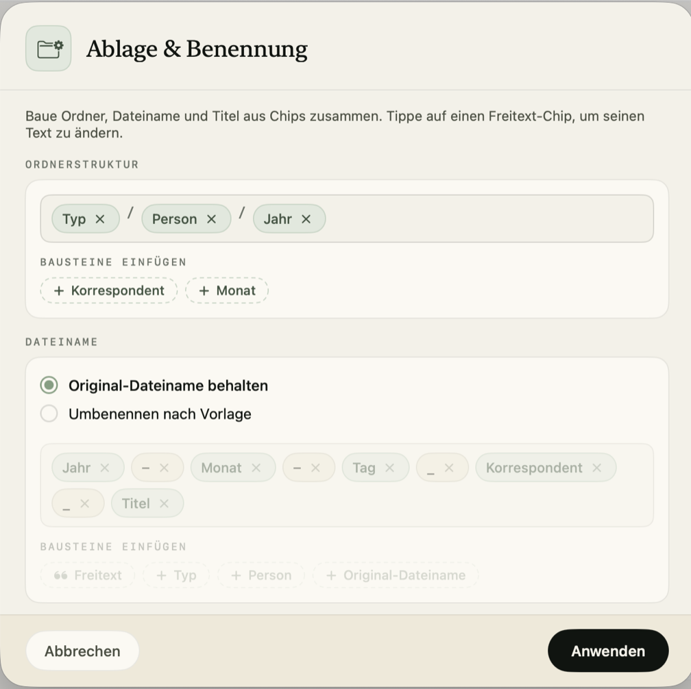 Template editor for filing & naming in PaperPeace