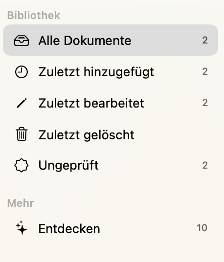 Die Bibliotheks-Seitenleiste mit dem neuen Filter „Ungeprüft“
