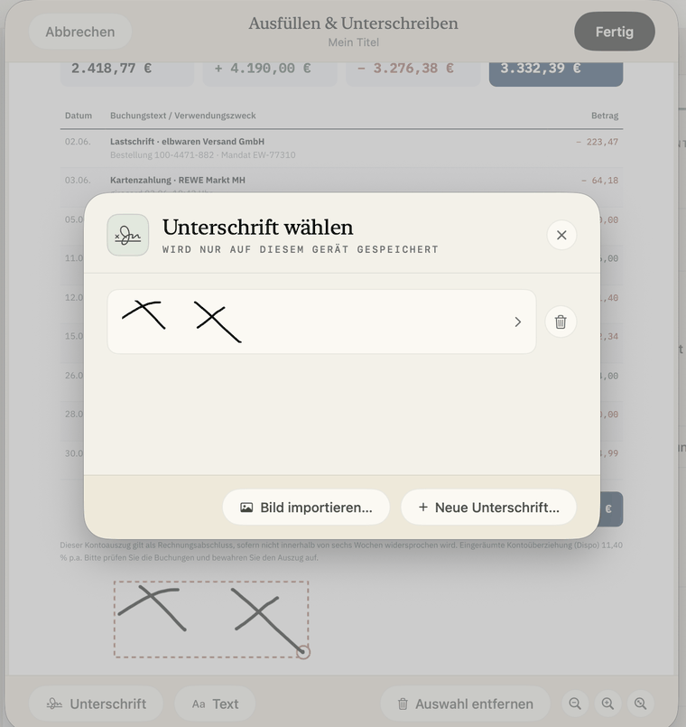 Der Dialog „Unterschrift wählen“ mit gespeicherter Unterschrift und den Knöpfen „Bild importieren…“ und „Neue Unterschrift…“, dahinter das Dokument mit gesetzter Unterschrift