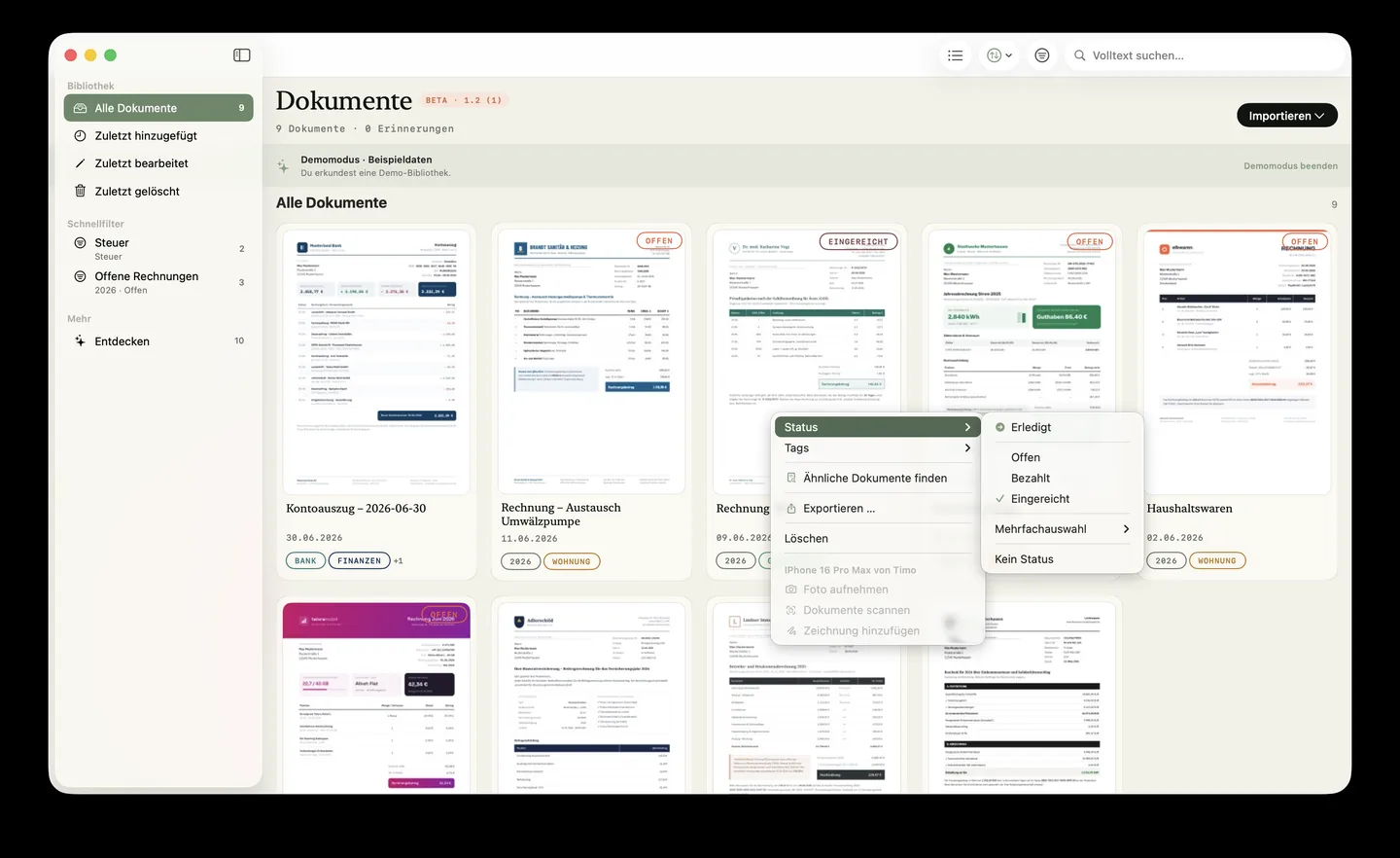 Die Dokumentenbibliothek von PaperPeace auf dem Mac: Seitenleiste mit Schnellfiltern, Dokumentraster mit Status-Kennzeichnungen und Schlagworten